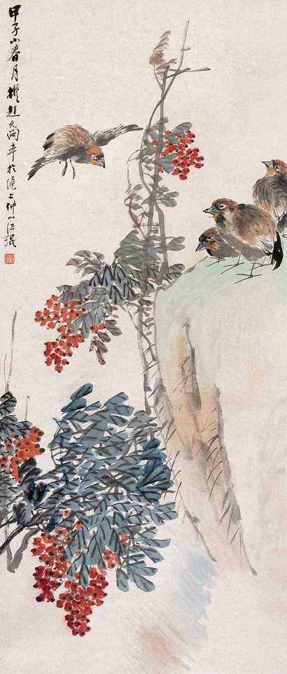 汪琨 1924年作 花鸟图 镜心